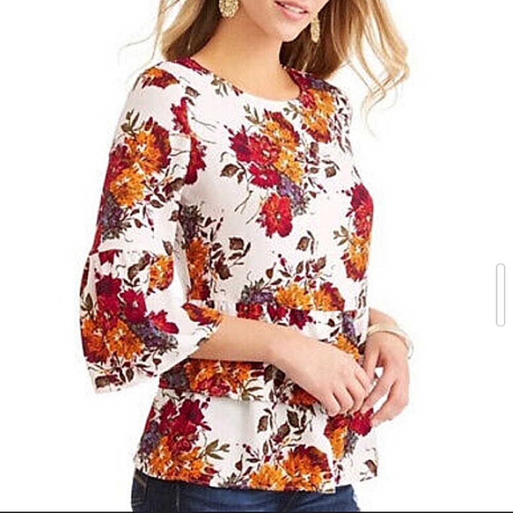 Time and Tru Women's Floral Ruffle Bell Sleeve Peplum Top Blouse